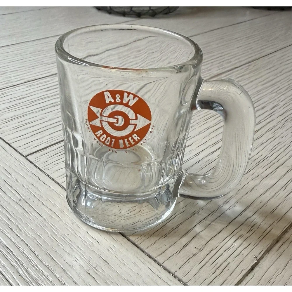 VTG A &W 1960s Root Beer Heavy Clear Glass‎ Mini Mug Arrow Bullseye Logo 3.25
